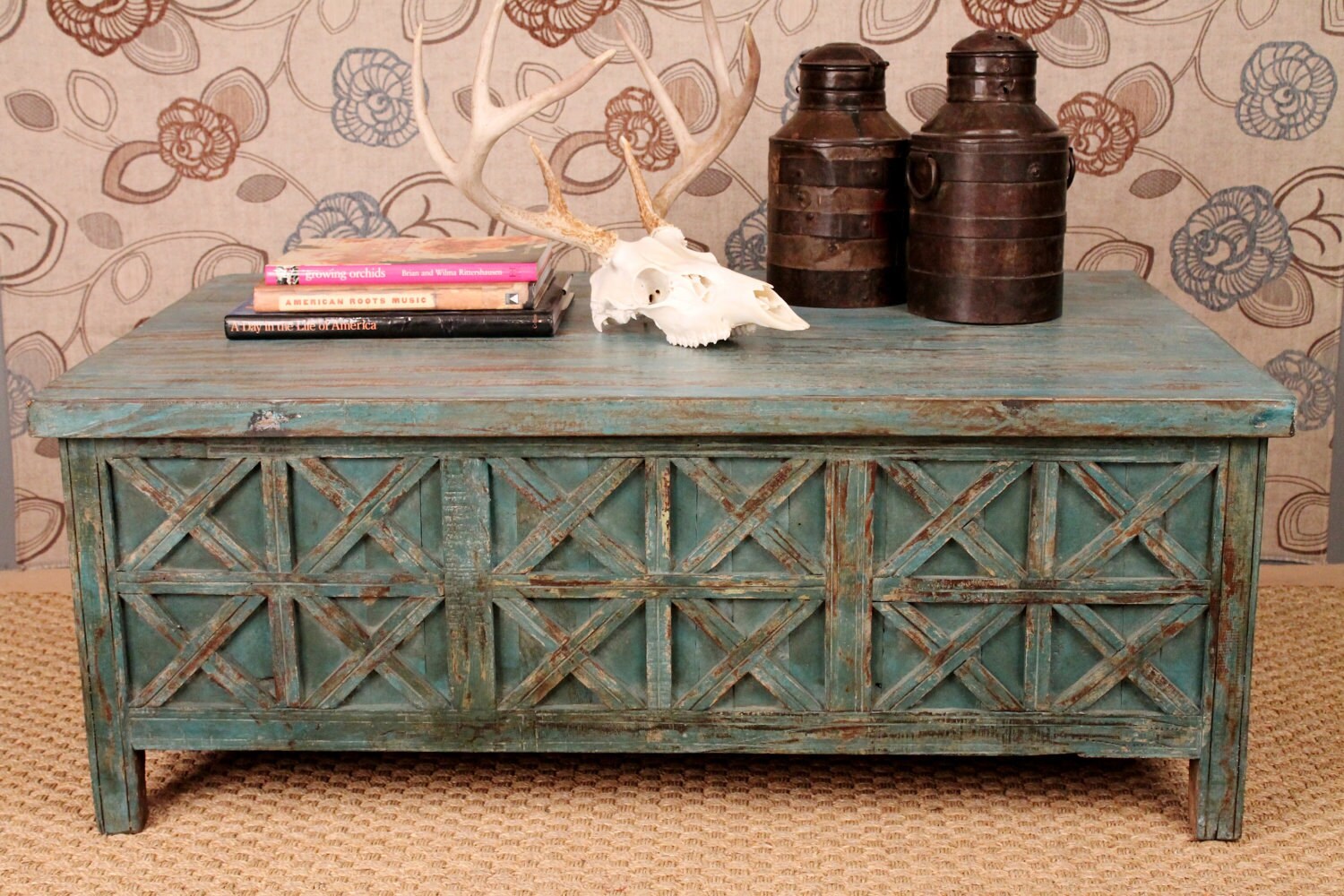 Blue Restored Window Latice Coffee Table