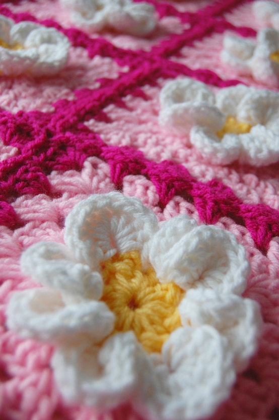 Daisy Flower Pink Granny Square Patchwork Baby Granny Square Afghan Blanket Baby Shower Gift