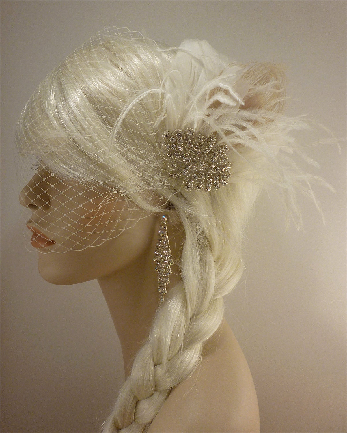 Bridal Fascinator, Feather Fascinator , Wedding Veil, Bridal Headpiece, Rhinestone Hair Clip, Ivory, Hollywood Bride