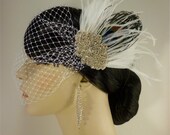 Bridal Fascinator, Feather Fascinator , Wedding Veil, Bridal Headpiece, Rhinestone Hair Clip, Hollywood Bride, White with Natural Peacock