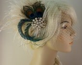 Rhinestone Pearl Bridal Feather Fascinator, Bridal Headpiece, Wedding Veil, Holly's Old Hollywood, Ivory, Champagne and Natural Peacock