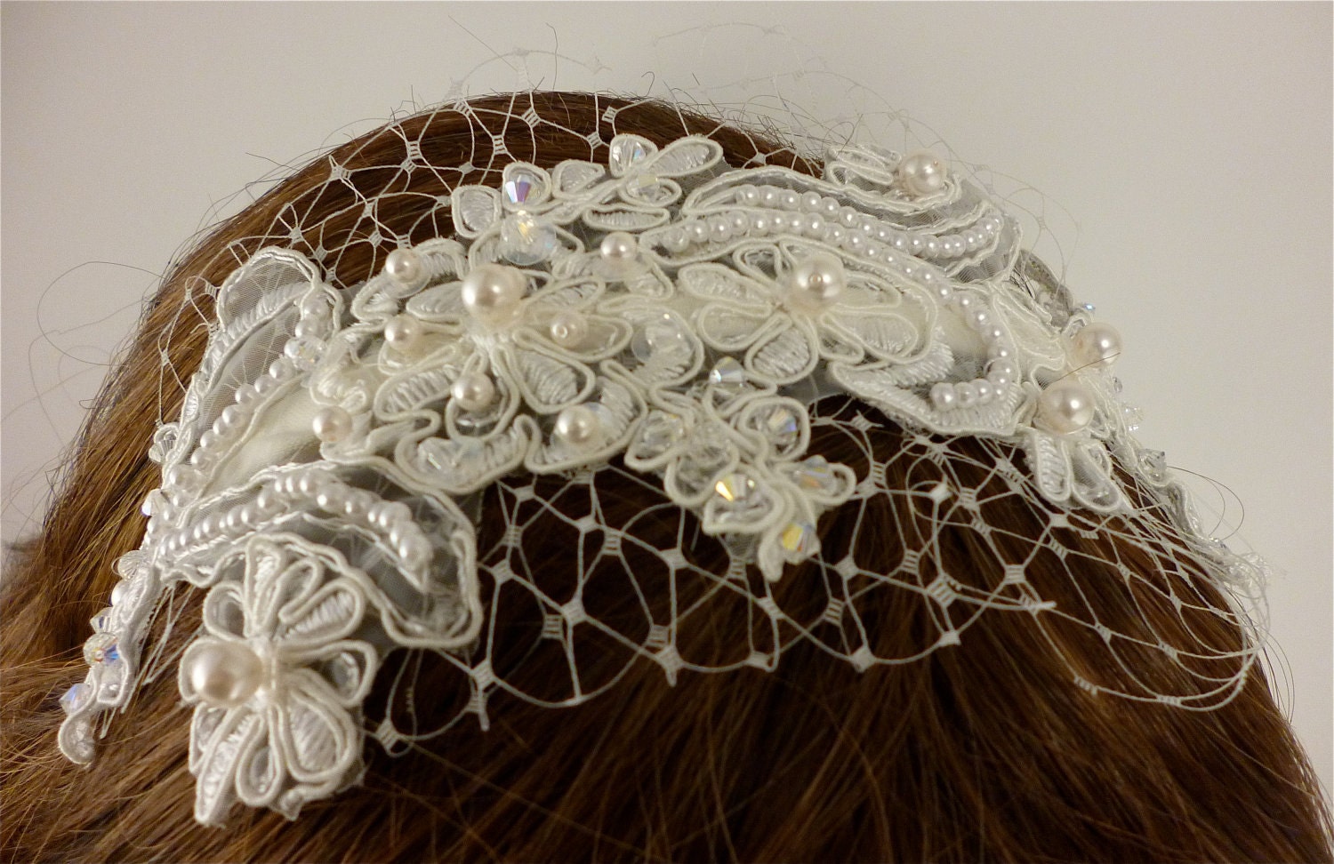 Wedding Headband, Ivory Lace Headband, Bridal Headband, Bridal Accessory, Swarovski Crystals, Swarovski Pearls