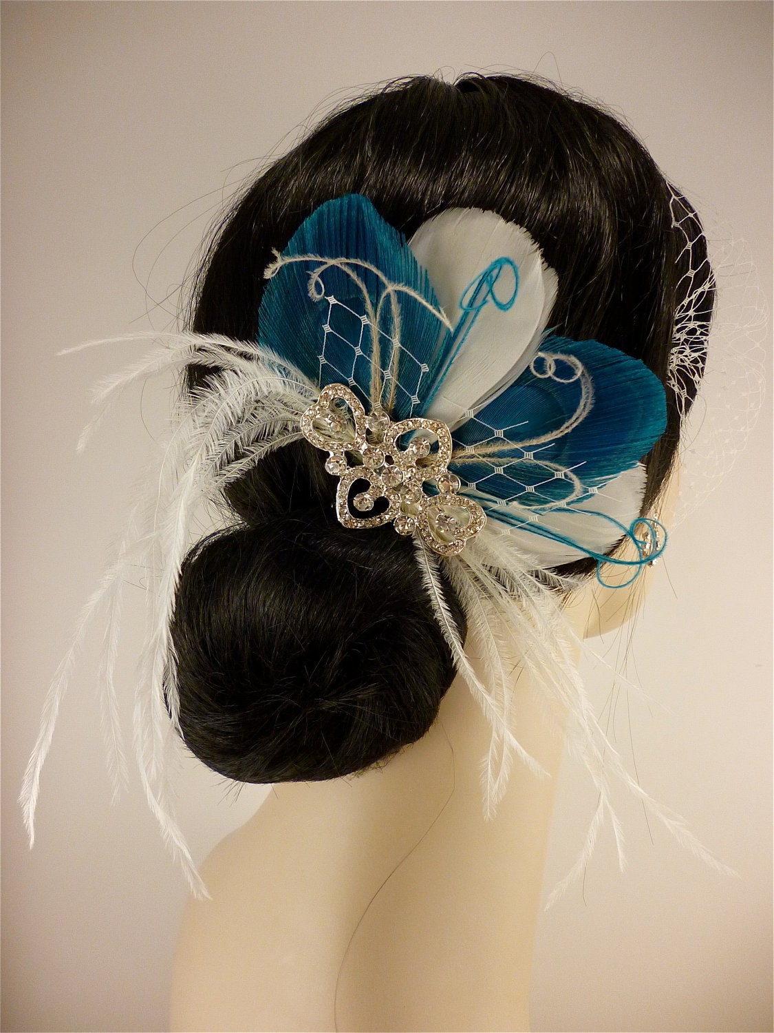 Bridal Feather Fascinator, Bridal Fascinator, Feather Fascinator, Fascinator, Hair Clip, Wedding Veil, Bridal Veil, Ivory and Turquoise