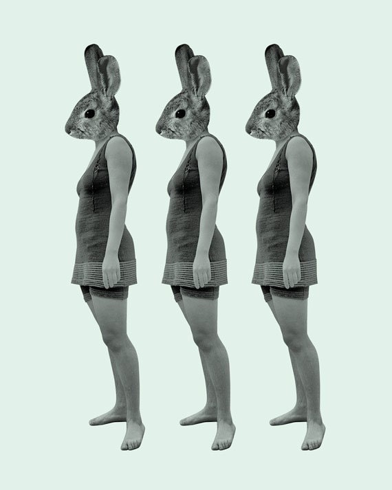 Rabbit Girl  8x10 Art Print - Vintage Green Bunny