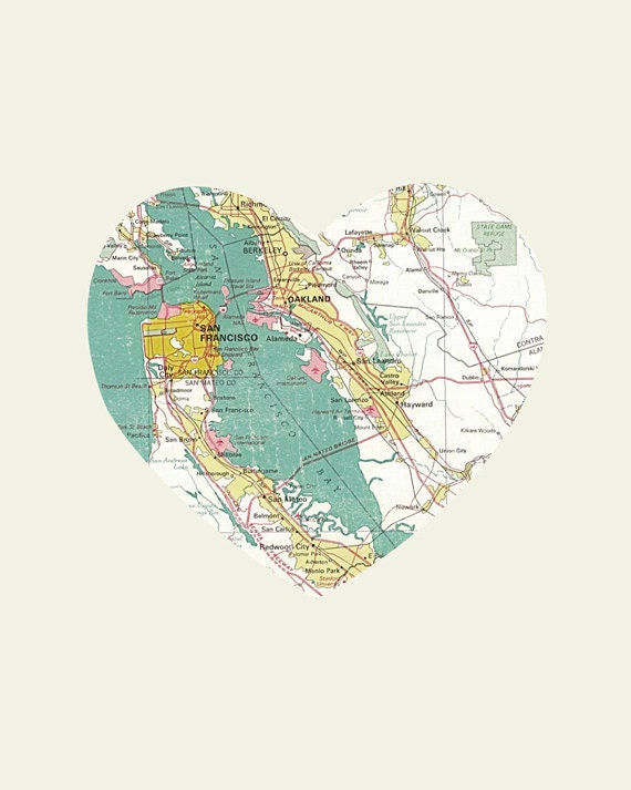 San Francisco California Art City Heart Map -  Art Print