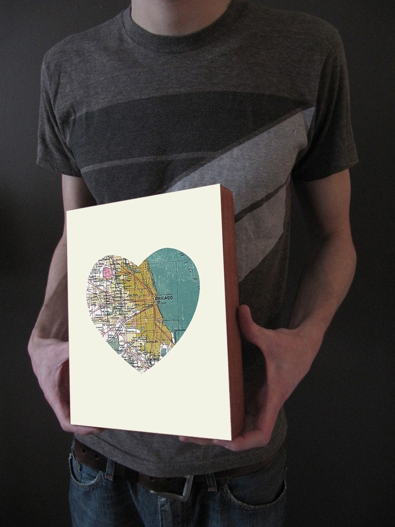 Chicago Art City Heart Map - Wood Block Art Print