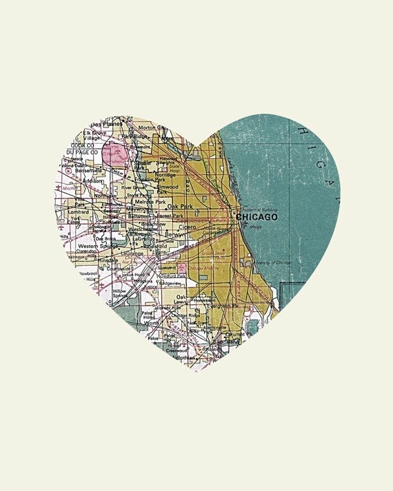 Chicago Art City Heart Map - Wood Block Art Print