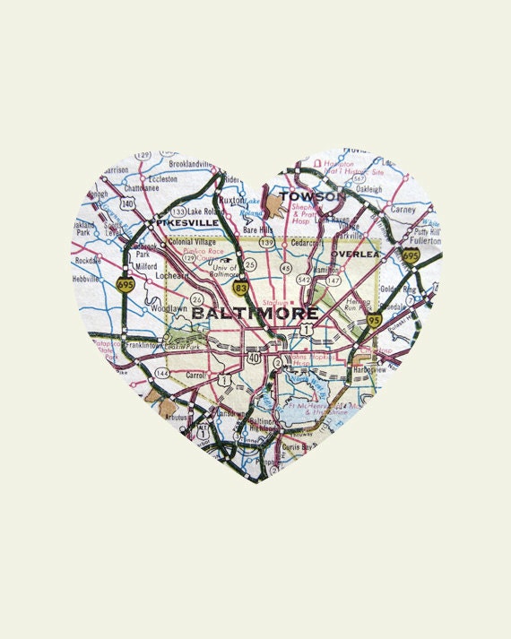 Baltimore Art City Heart Map - Wood Block Art Print
