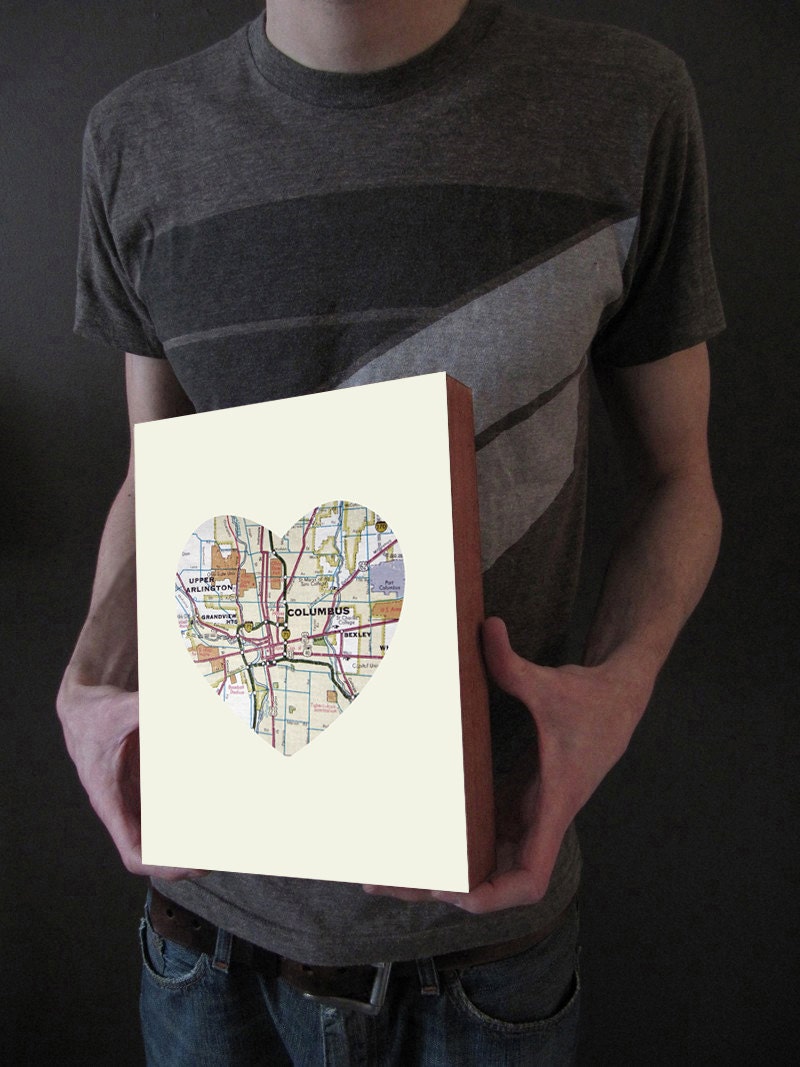 Columbus Ohio Art City Heart Map -  Ohio State Wood Block Art Print