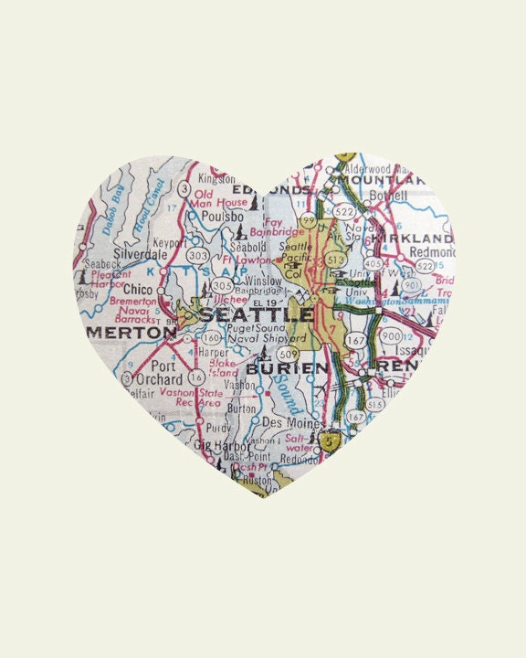 Seattle Washington Art City Heart Map - Wood Block Art Print