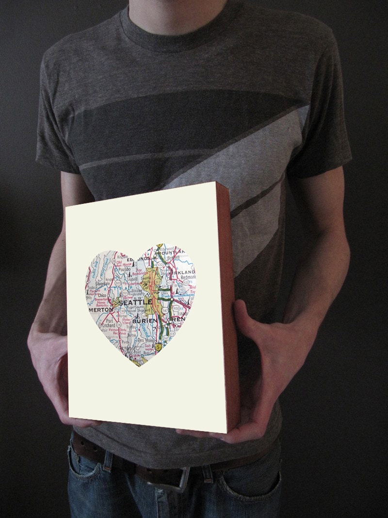 Seattle Washington Art City Heart Map - Wood Block Art Print