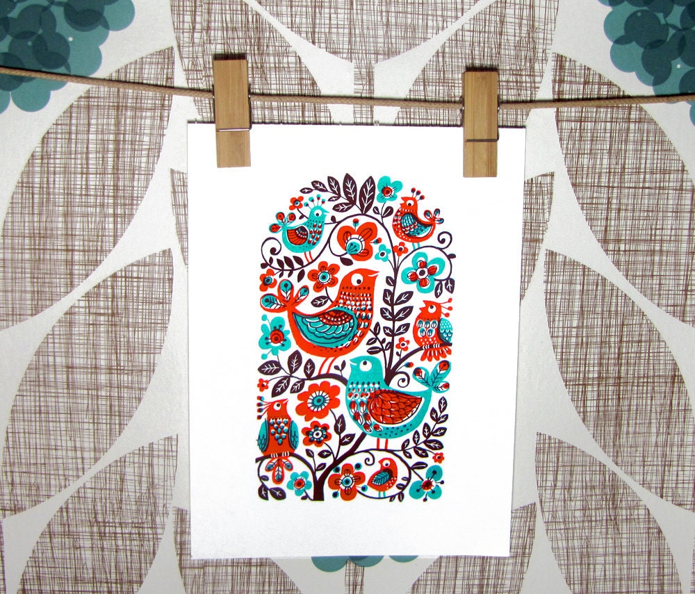Birds in a Tree - handprinted silk screen