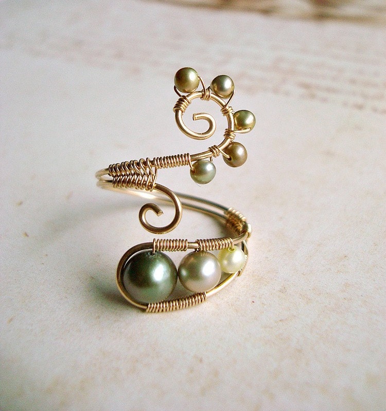 Green Pearl Wire Ring, Gold Filled Wire Wrapped Ring With Green Freshwater Pearls, Adjustable Wire Weave Ring
