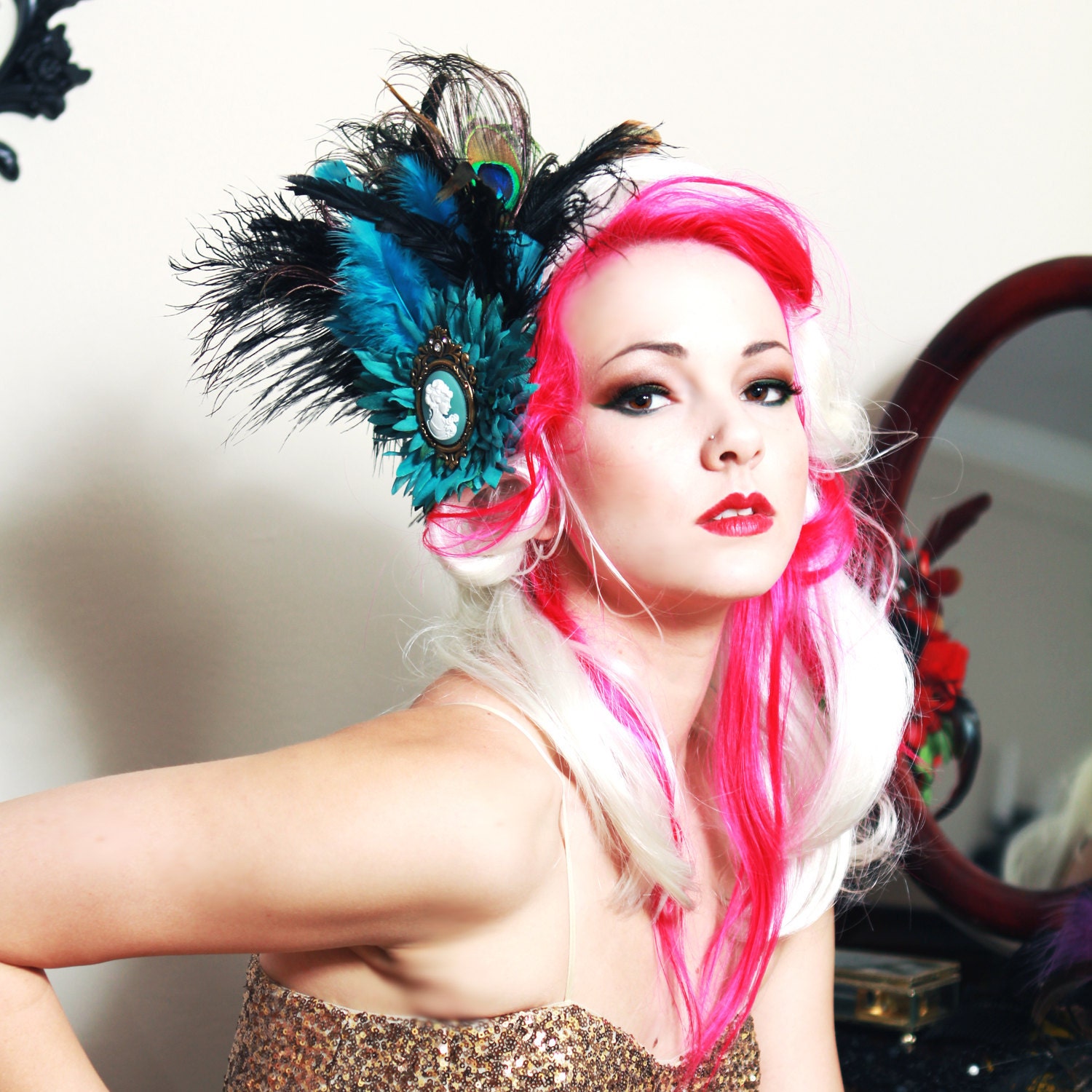 Teal & Black Peacock Cameo headband - ostrich feather burlesque fascinator