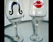 His and Hers Set of 2 - Moustache and Lips Wine Glasses - Personalized - Choice of Design - New Design Choices Added