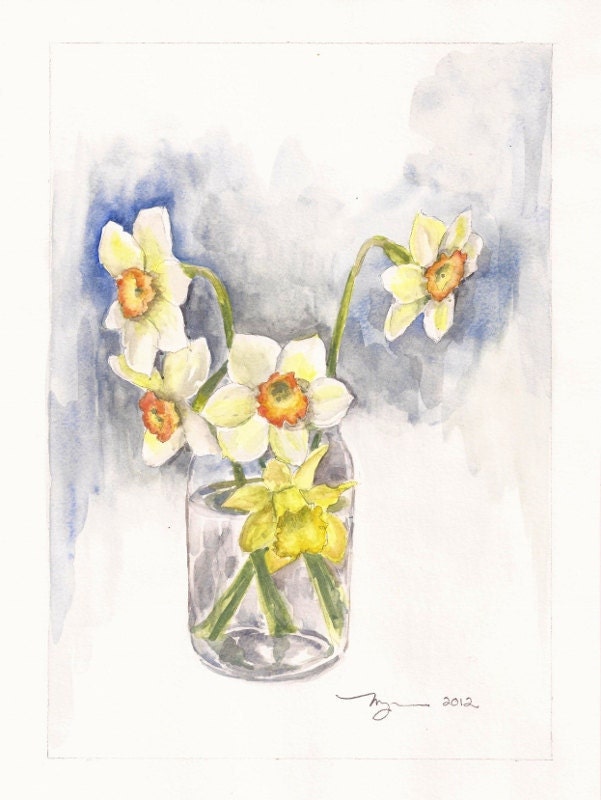 Narcissus in a Glass Jar, Print of Watercolor 8"x10"