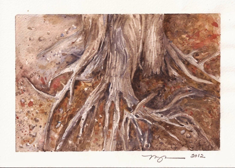 Roots of A Wizened Oak, a 5"x7" print of a watercolor, printed on 8"x10" paper