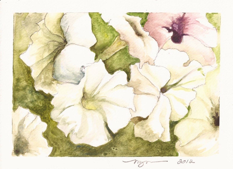 Lots of Petunias, a 5"x7" print of a watercolor, printed on 8"x10" paper
