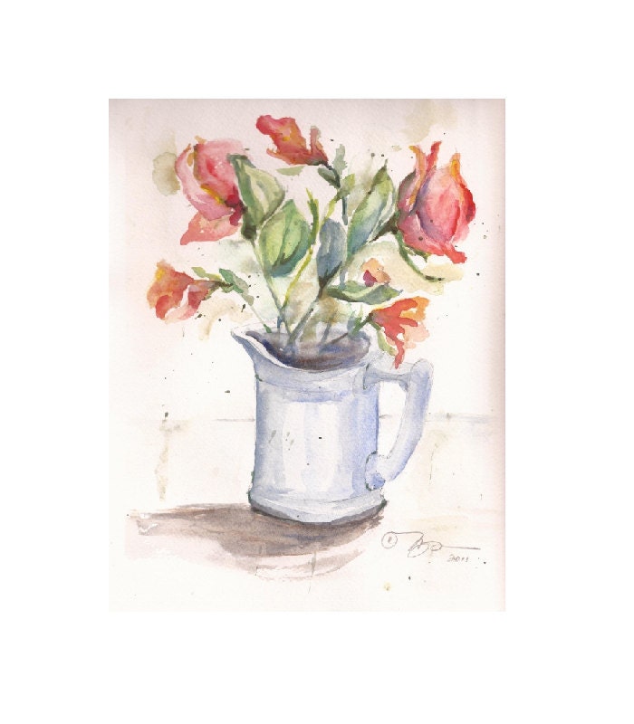 Watercolor Sketch of Flowers in Pitcher, 8" x 10" Original
