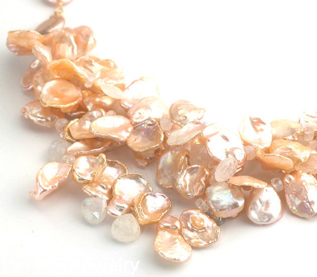 Multi-Strand Keshi Pearl Moonstone Necklace Gold Accents - Elenmir