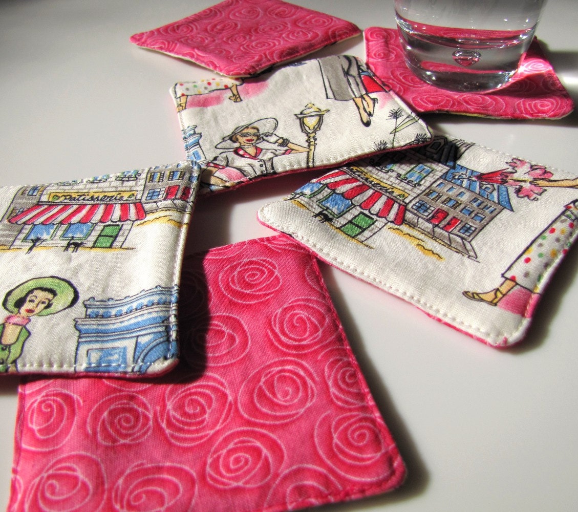 Set of 6 Reversible Fabric Coasters: Springtime in Paris