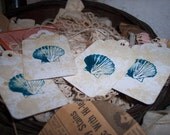 Antiqued White Scallop Coffee Stained Sea Shell Gift Tags in Teal Aqua Set of 8