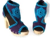 Platform Clog Shoe Purple Suede Wooden Heels with Acid Blue Crochet Flower detail  Karen Kell Collection
