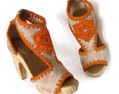 SALE Platform Clog Shoe Beige Suede with Orange Crochet Flower detail Wooden Heels Karen Kell Collection