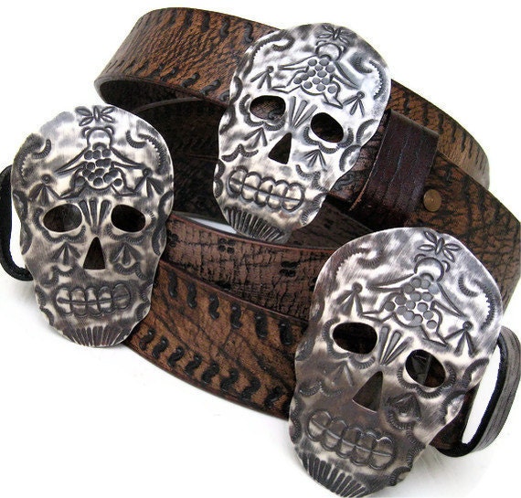 Skull Buckle Belts Tooled Leather Black Brown Reversible Curved Women's Belts Mexican Folk