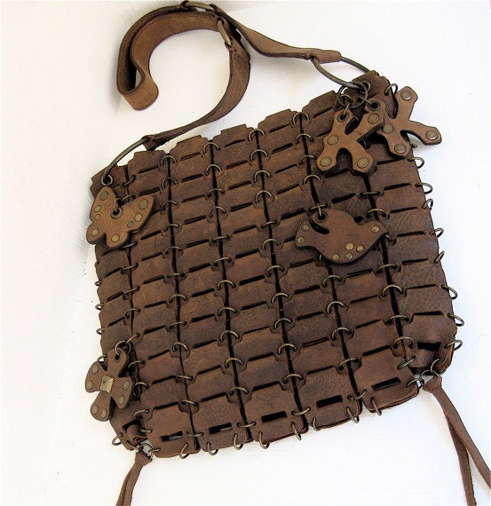 SALE Brown Leather Link Bag Butterfly Dove Peace 2Ks KKC Emblem Messenger  Karen Kell Collection