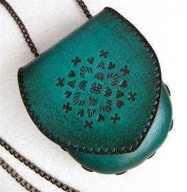 SALE Small Molded Leather Folk Style Tooling in Dark Teal Turquoise Bag Karen Kell Collection