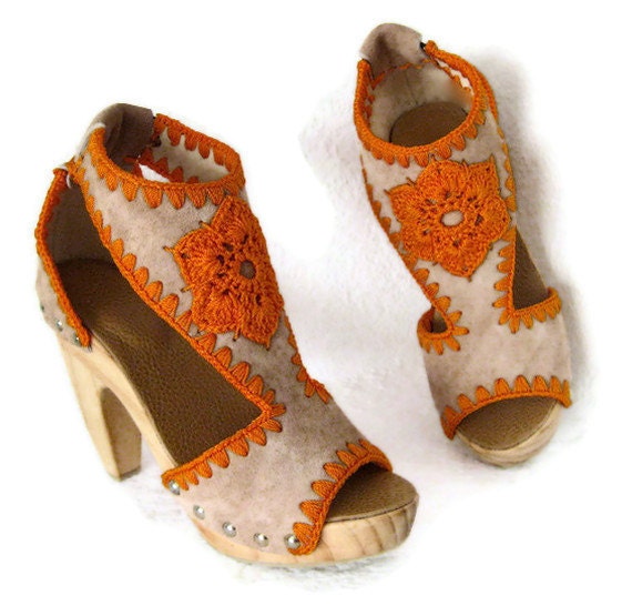 Platform Clog Shoe Beige Suede with Orange Crochet Flower detail Wooden Heels Karen Kell Collection