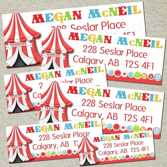 Circus Carnival Return Address Labels - DIY - Printable PDF File Il_570xn