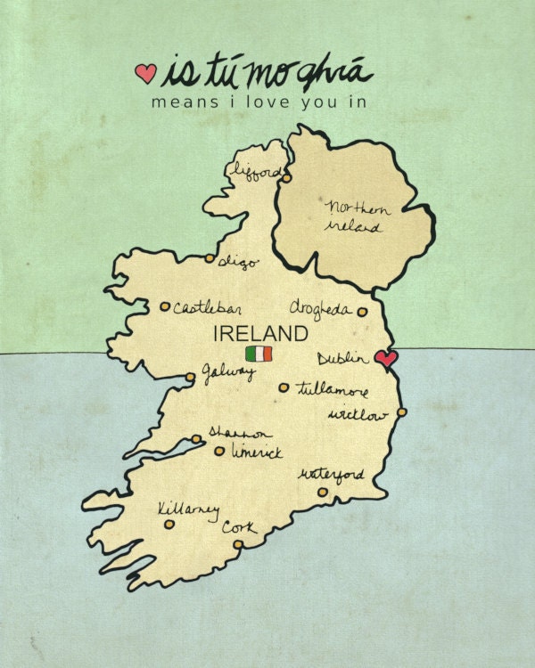 I Love You in Ireland 8x10 / Typography Poster, Irish Map, Giclee, Modern Baby Nursery Decor, Illustration, European Travel Theme, Digital