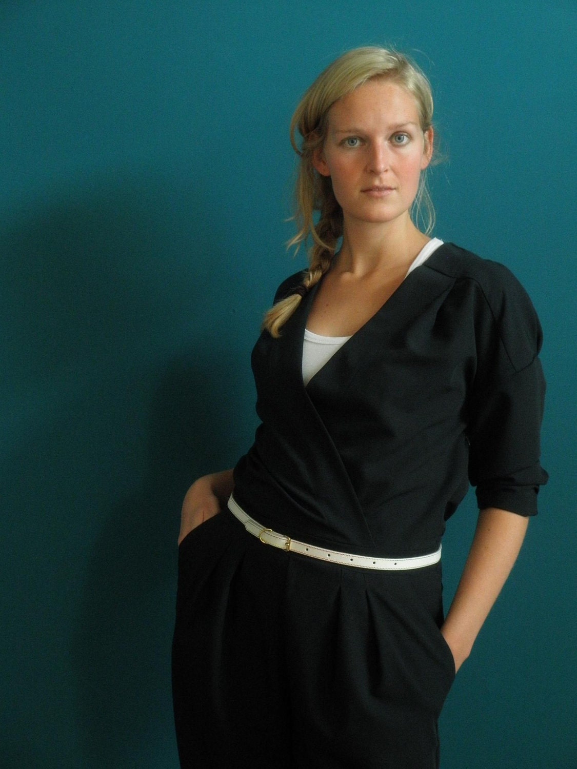 navy blue jumpsuit long sleeve with wrap front