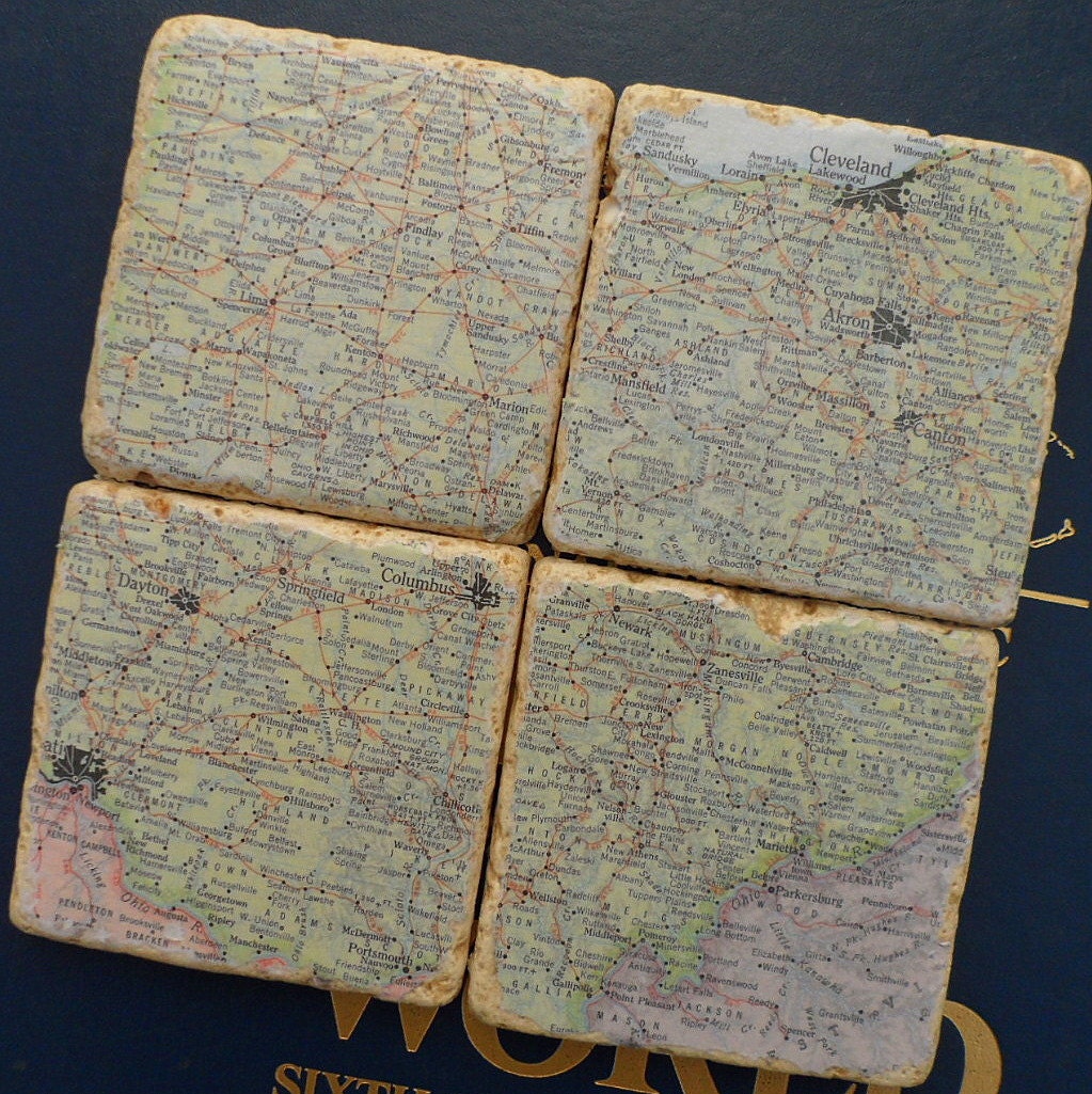Ohio Map Coasters,old time vintage Atlas Map Rustic Coasters