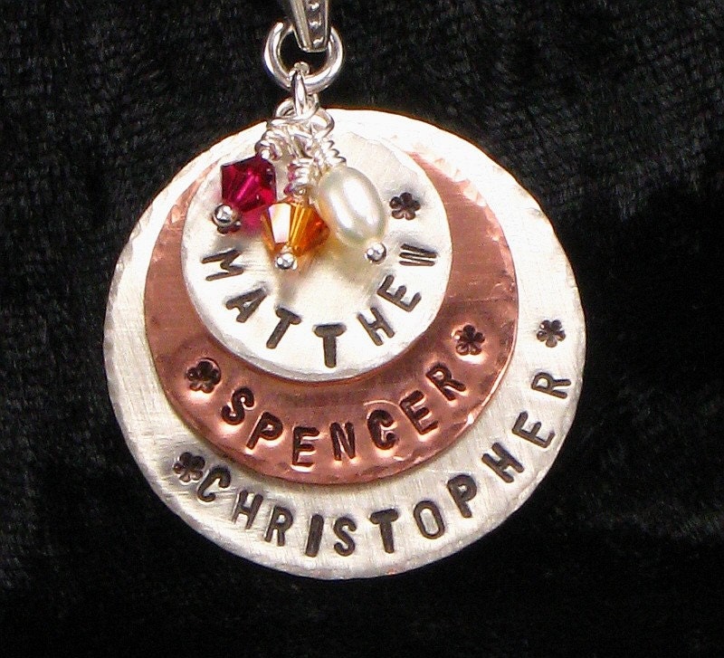 Hand Stamped Mixed - Metal Mothers Necklace with Kids Names - Three Layered Discs Sterling Silver and Copper - Jewelry for Mom
