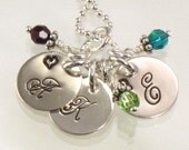 Personalized Charm Necklace - Three Hand Stamped Monogrammed Sterling Silver Discs with Initials with Birth Crystal Hanging on Twisted Ring