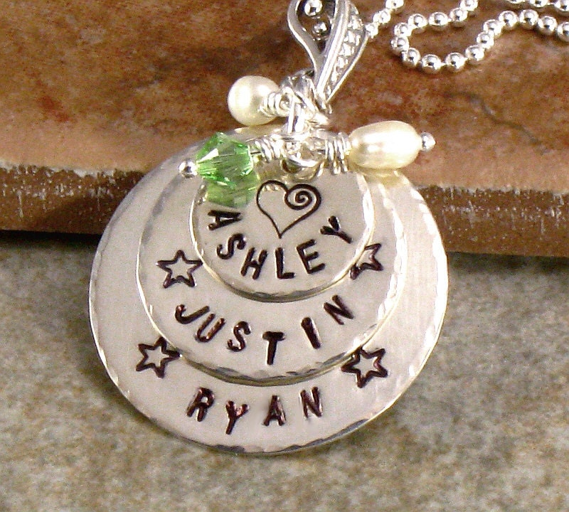 Hand Stamped Mothers Necklace - Family Names  Pendant - Sterling Silver Layered Discs with Childrens' Names - Jewelry for Mom