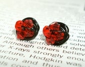 Petite Queen of Hearts Series- Wire Wrapped Studs- Light Siam (bright red) Swarovski Crystal Bead and Black wire Stud Earrings