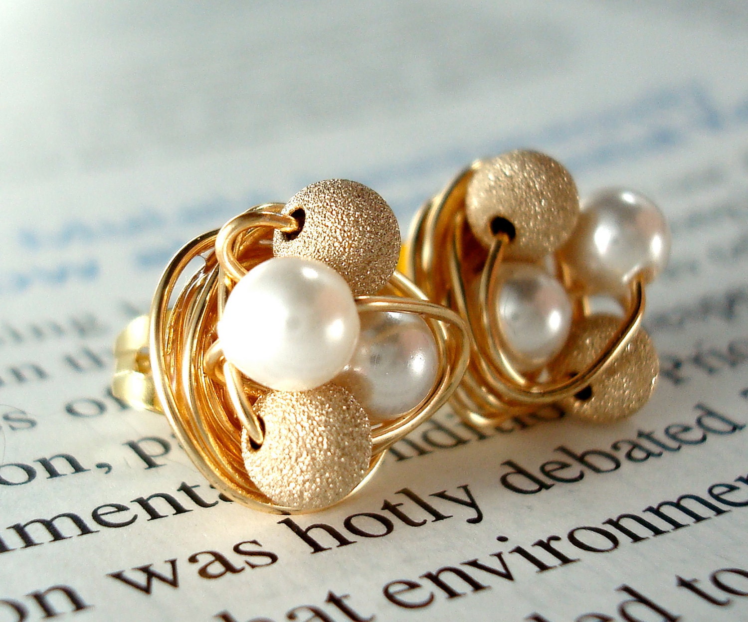 Petite white pearl / gold Star Dust - Mix It Up Series- Swarovski Glass Pearl and Stardust bead Wire Wrapped Stud Earrings