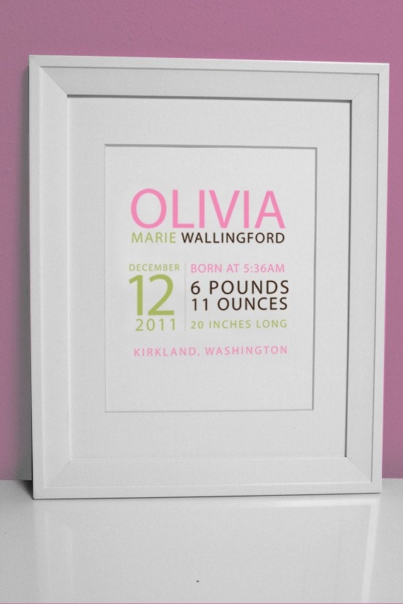 8 x 10 - Custom Birth Print - GIRL - perfect for framing Il_570xn