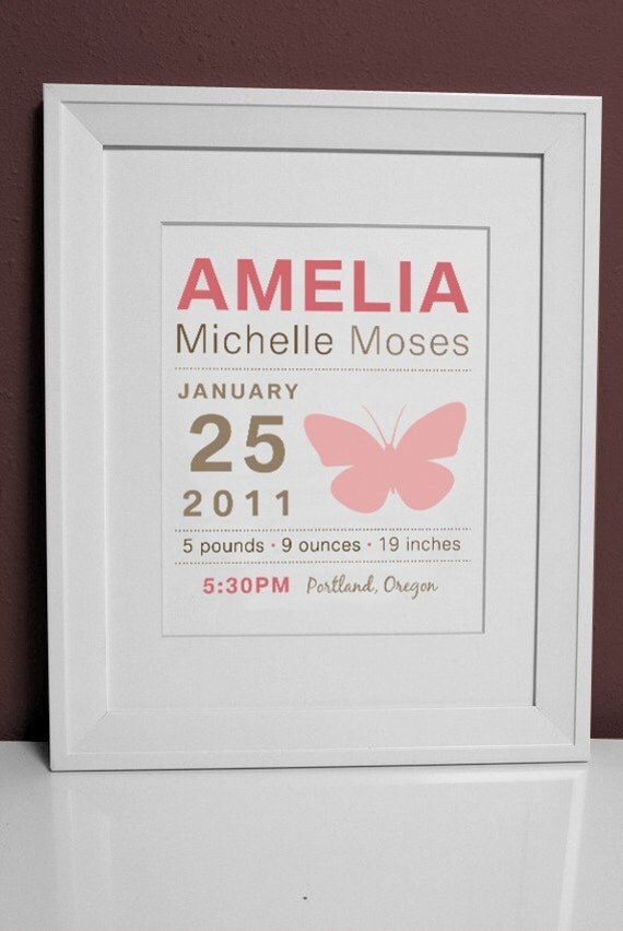 8 x 10 - Custom Birth Announcement Print - Butterfly Wall art Il_570xn