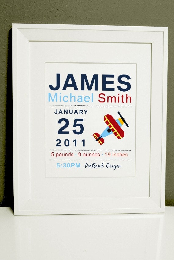 8 x 10 - Custom Birth Announcement Print - AIRPLANE Wall art Il_570xn
