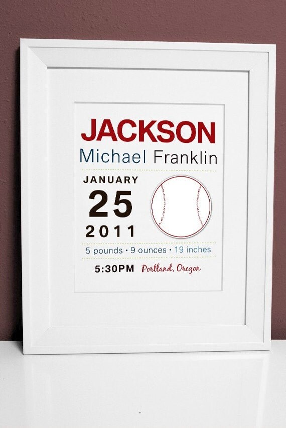 8 x 10 - Custom Birth Announcement Print - Baseball wall art Il_570xn