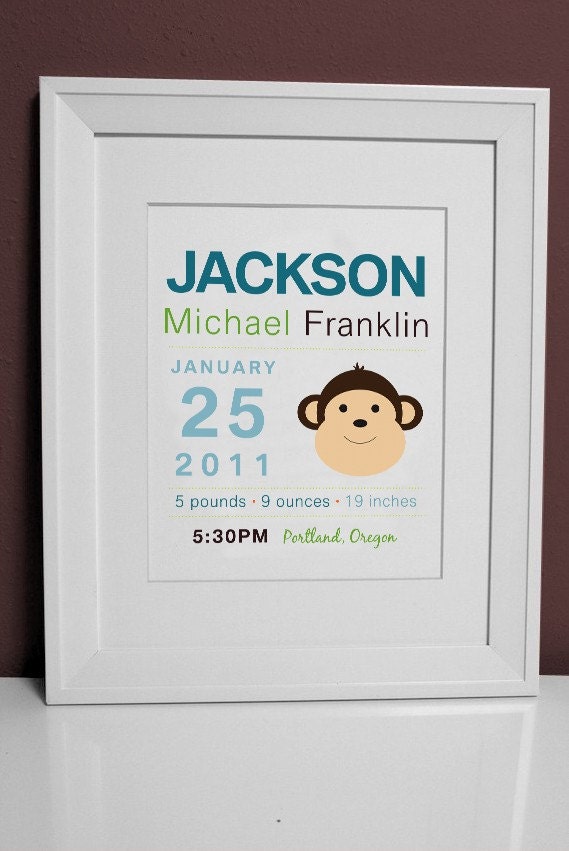 8 x 10 - Custom Birth Announcement Print - Monkey wall art Il_570xn