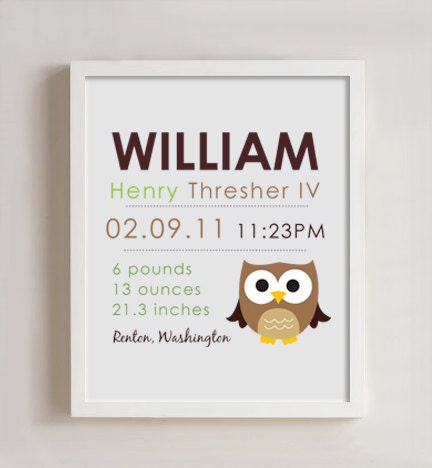 Owl Birth Announcement print - Nursery Art Il_570xn