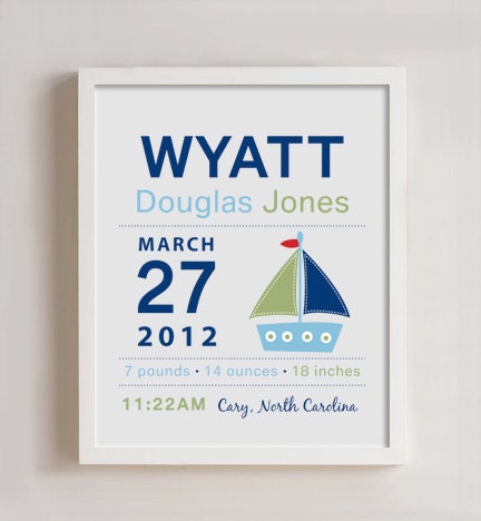 8 x 10 - Custom Birth Announcement Print - Sailboat Wall art Il_570xn