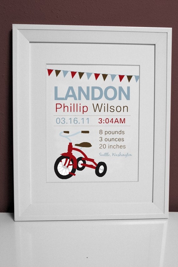 8 x 10 - Custom Birth Announcement Print - Tricycle Wall art