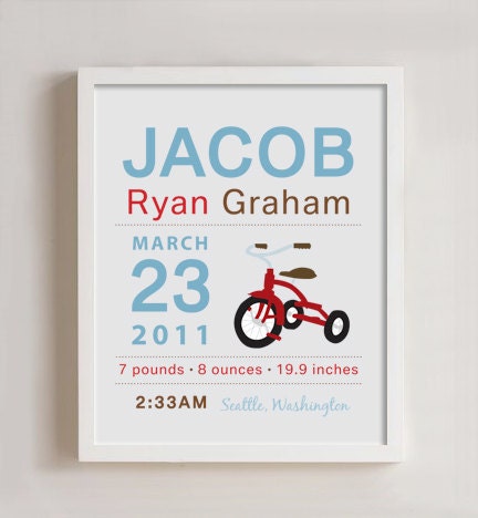 8 x 10 - Custom Birth Announcement Print - Tricycle Wall art